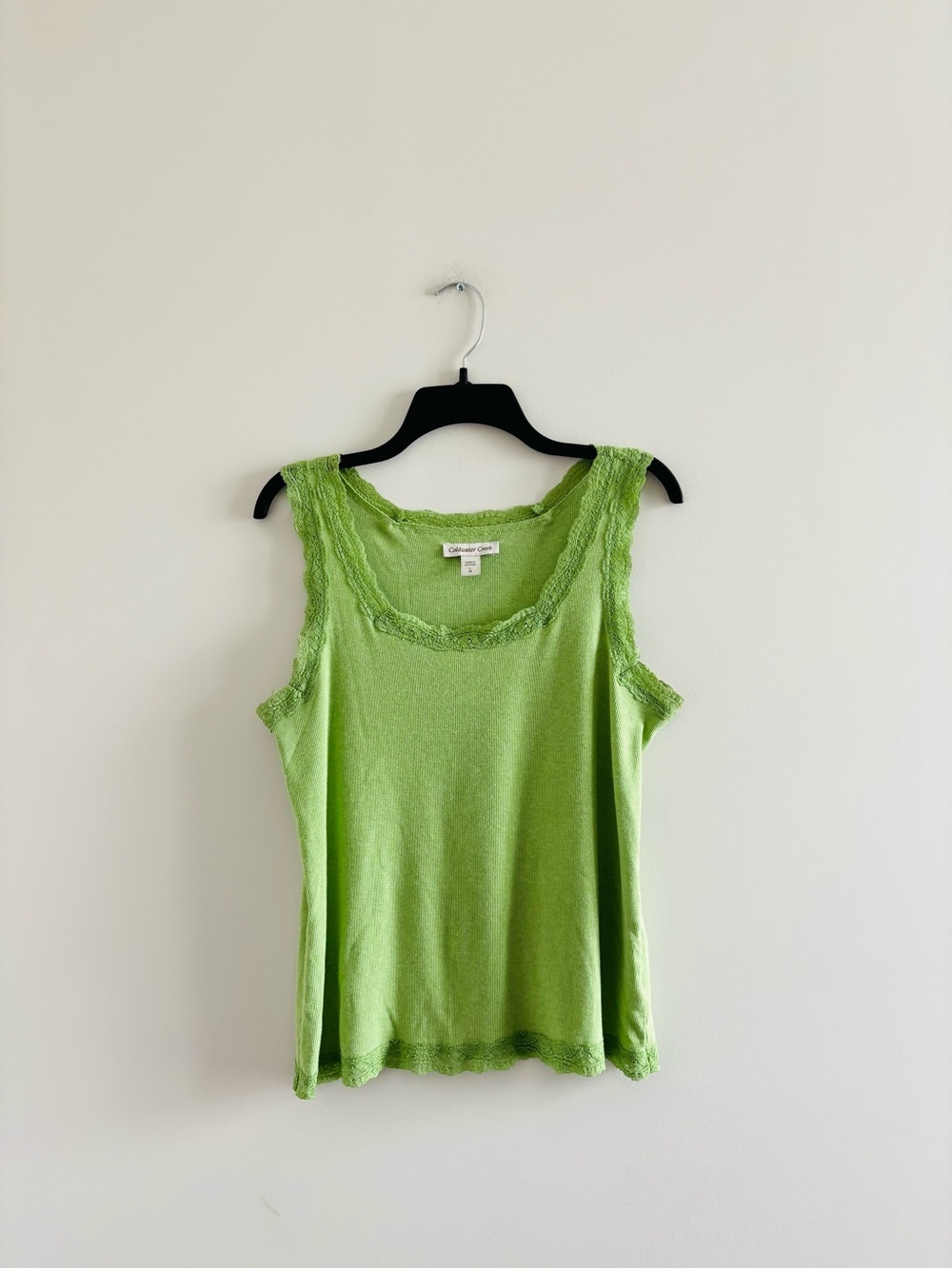 Y2K Coldwater Creek Camisole Green Lace Trim Ribbed Knit Cotton Womens L Preppy